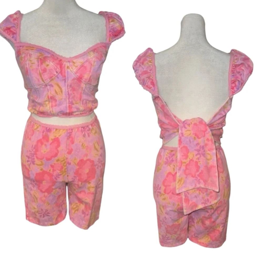 NWT Free People Get Physical Pink Floral Crop Top & Short Set Large